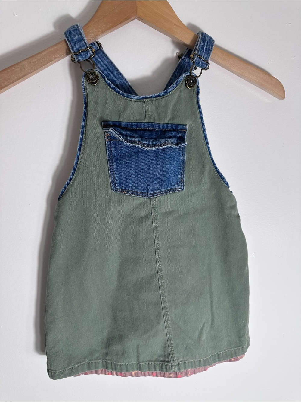 Zara Olive Green Overall Dress with Denim Pocket and Straps